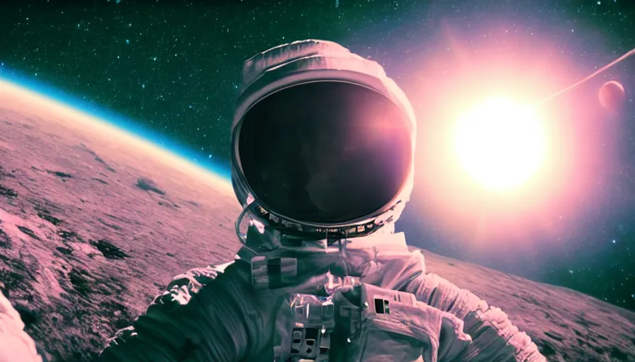 Image similar to movie still of a transcendental astronaut being, cinematic composition, cinematic light, anamorphic lens