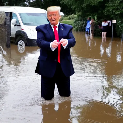 Prompt: a selfie of Donald Trump in front of a flooded german town