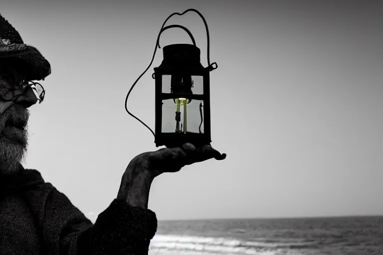 Image similar to closeup old man holding up a lantern on the beach in a pirate ship bay meet to a old wood shack by emmanuel lubezki