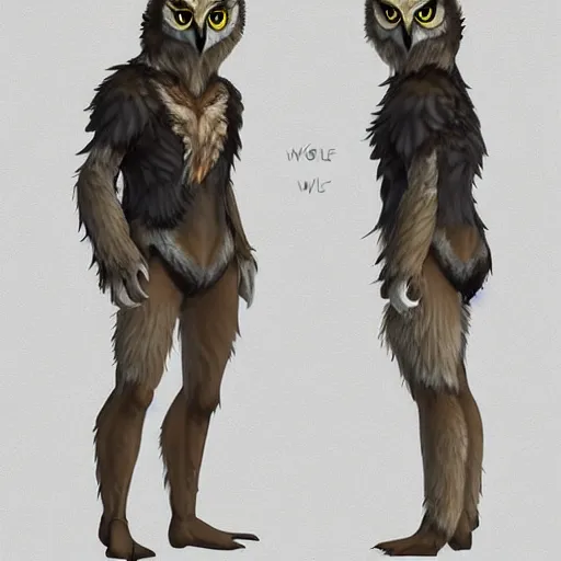 Image similar to mixture between an! owl and wolf, character reference sheet, featured on artstation