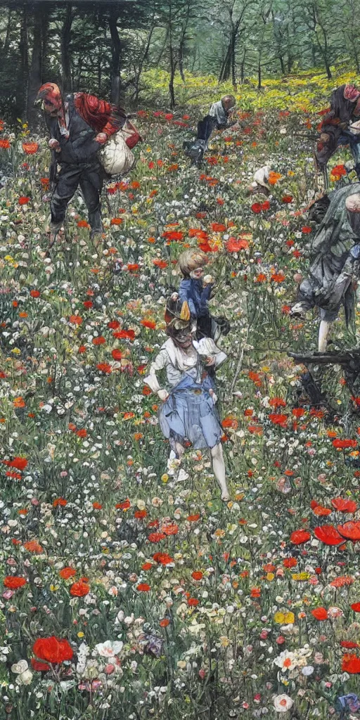 Image similar to oil painting scene from flower fields in the forest by kim jung gi