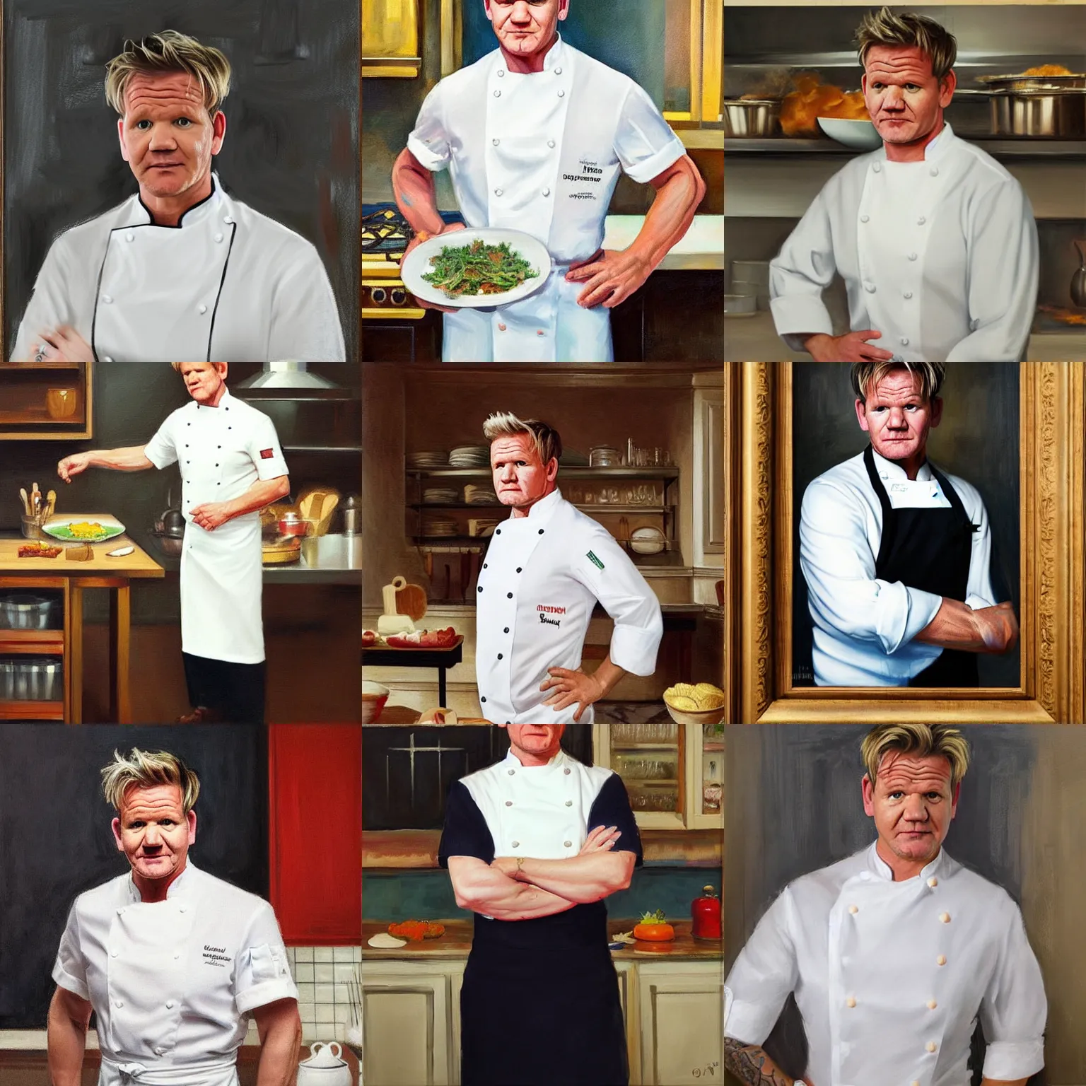 Prompt: Medium full shot!!!!!, Gordon Ramsay wearing a chef's uniform in a kitchen!!!!!, oil on canvas, classicism style