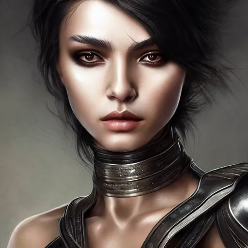 Image similar to full body portrait of a riveting and striking warrior woman!!!, armored, adorable, elegant and pretty face, slick hair, realistic shaded perfect face, outstanding details, realistic shaded lighting, dynamic background, artgerm, tom bagshaw, 8 k ultra - realistic, highly detailed, kan liu