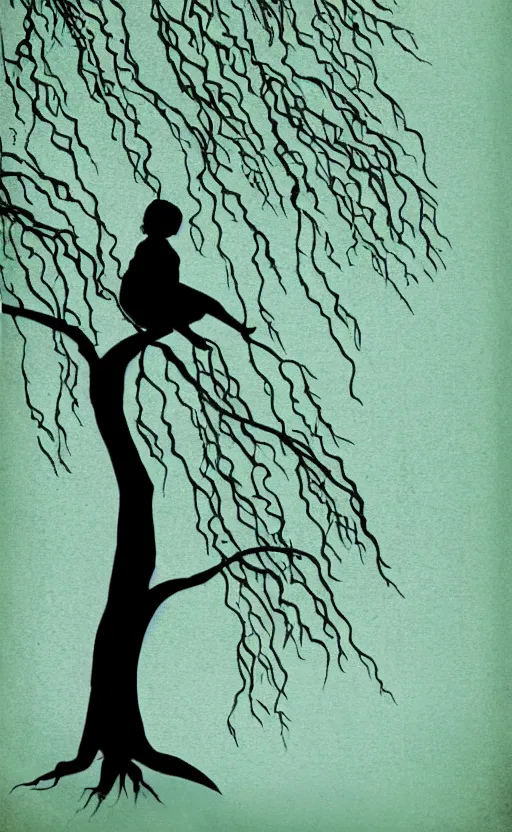 Prompt: silhouette of little girl sitting on a weeping willow tree, book cover