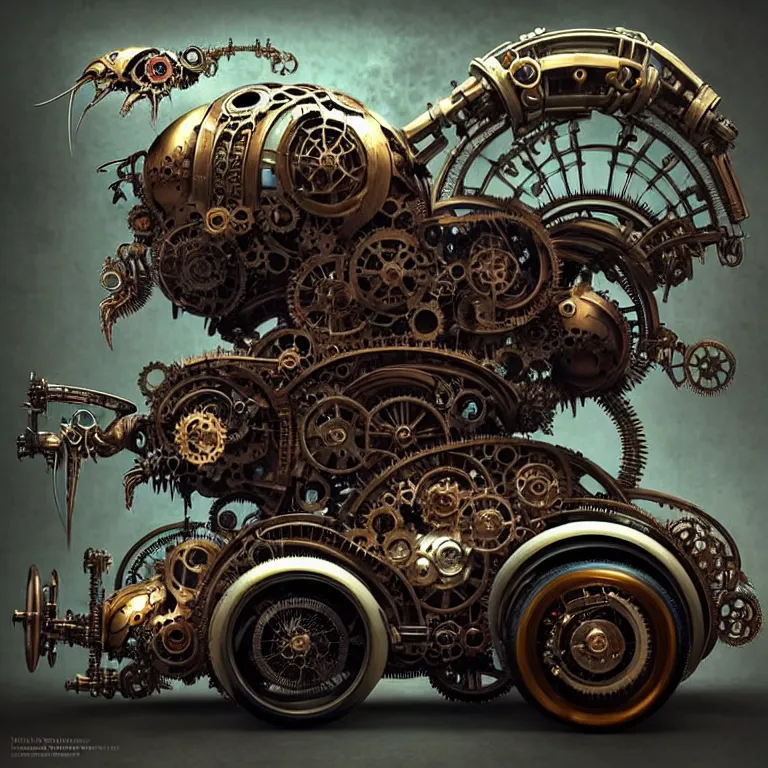 Image similar to biomechanical steampunk vehicle reminiscent of fast sportscar with robotic parts and (glowing) lights parked in ancient lush palace, gothic and baroque, brutalist architecture, ultradetailed, creepy ambiance, fog, artgerm, giger, Intricate by Ellen Jewett and Josan Gonzalez and Giuseppe Arcimboldo