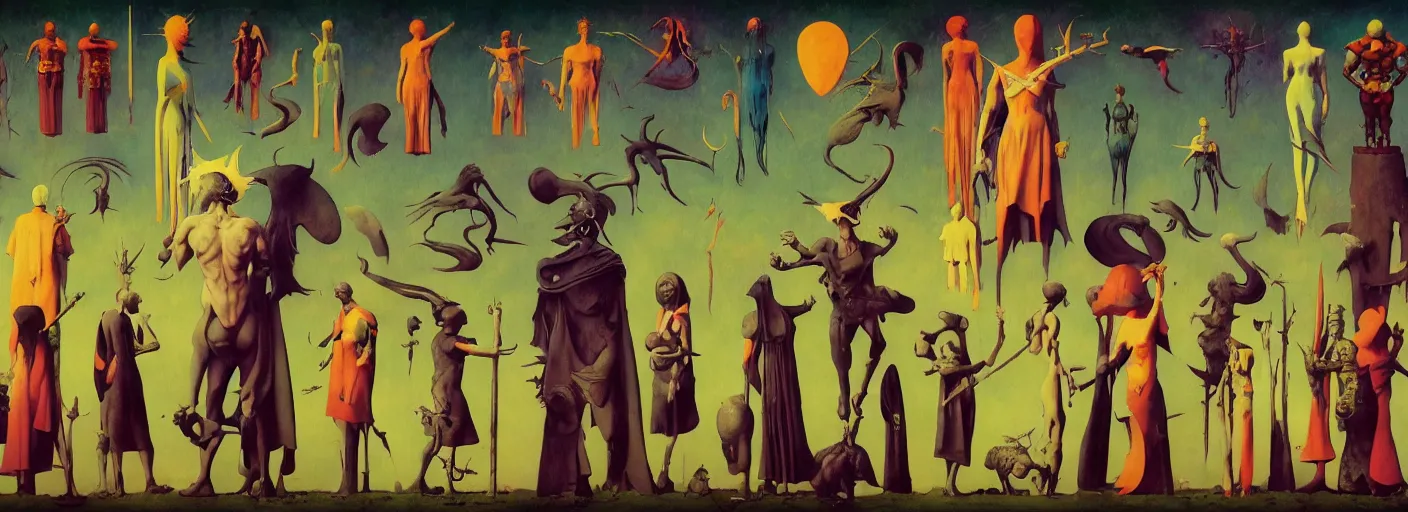 Image similar to full - body surreal colorful divine rpg character concept art anatomy, action pose, very coherent and colorful high contrast masterpiece by norman rockwell franz sedlacek hieronymus bosch dean ellis simon stalenhag rene magritte gediminas pranckevicius, dark shadows, sunny day, hard lighting, reference sheet white! background