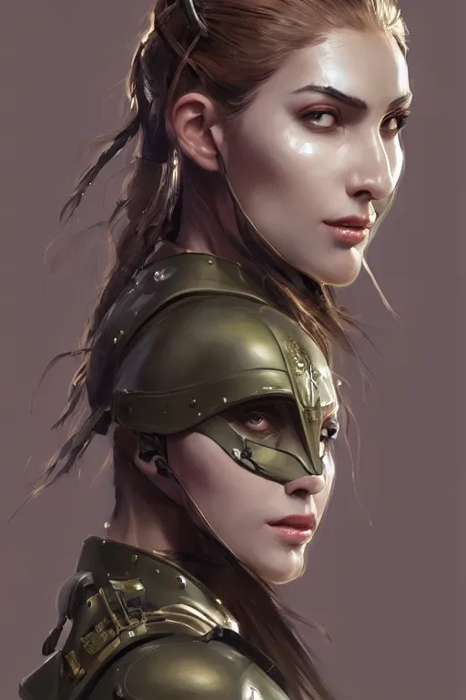 Image similar to a professionally painted portrait of an attractive young woman, clothed in military armor, olive skin, long dark hair, beautiful bone structure, symmetrical facial features, intricate, elegant, digital painting, trending on Artstation, concept art, smooth, sharp focus, illustration, from Metal Gear by Ruan Jia and Mandy Jurgens and Artgerm and William-Adolphe Bouguerea, award winning