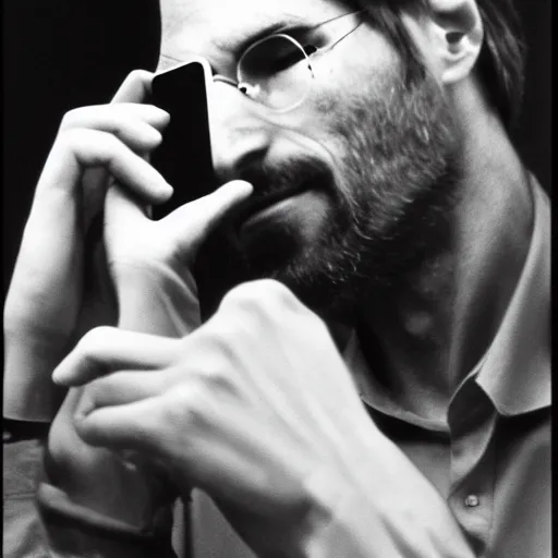 Image similar to portrait of steve jobs listening to rem on his ipod palo alto 1 9 8 8, in thomas ruff style, 3 5 mm ektachrome