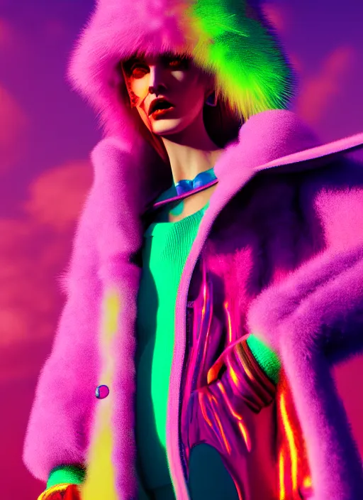 Image similar to coat for a rave, bright colors, many details, prints, photo for a magazine, photo for a store, fashion photography, Vogue, 135 mm, cinematic, hyper realism, high detail, octane render, 8k, chrome accents