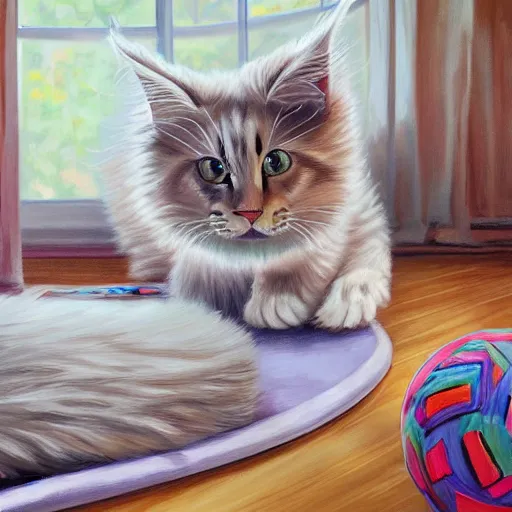 Image similar to cream color maine coon cat chasing a cat-toy-ball in a sunlit bedroom, hardwood floors with a colorful tattered old throw rug, bay window sofa in the background, fun, energetic, amusing, cute, funny, in style of Steve Henderson, trending on art station