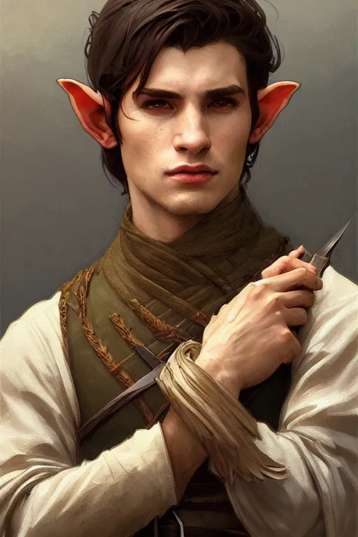 Image similar to portrait of a beautiful fit young elf male ranger, with fluent cloths, leather armor, by greg rutkowski and alphonse mucha, d & d character, gradient brown to white, autumn background, highly detailed portrait, digital painting, artstation, concept art, smooth, sharp focus illustration, artstation hq