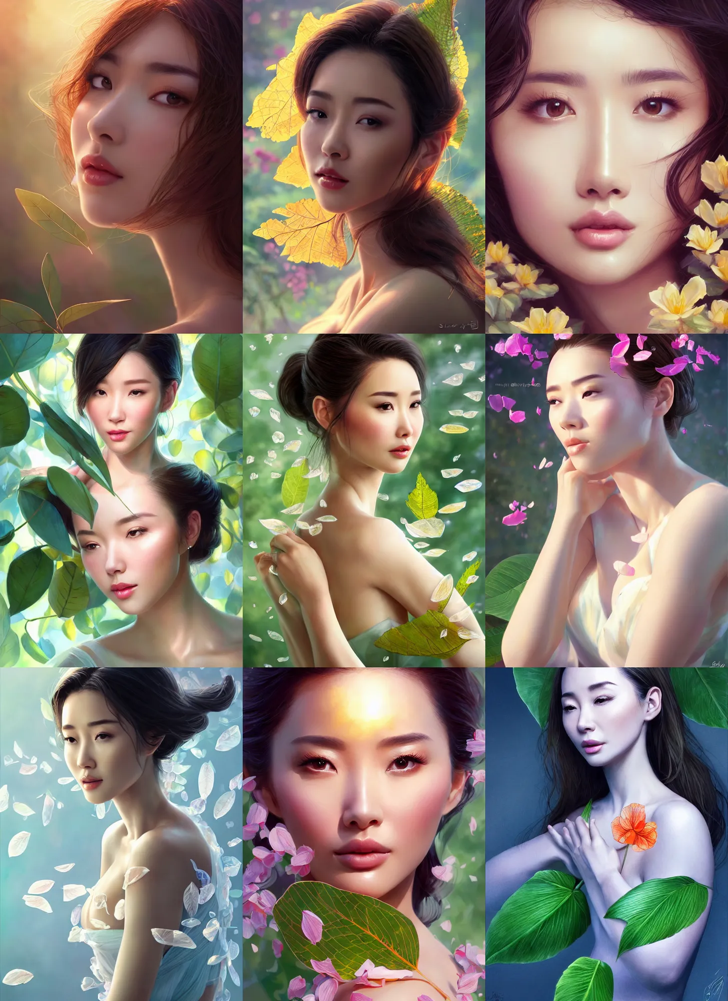 Prompt: gorgeous female covered in translucent leaf resting on the petals in the style of stefan kostic, cute - fine - face, li bingbing, backlit, refracted lighting, elegant, half body shot, 8 k, insanely detailed, intricate, art by stanley lau, artgerm, wlop, kuvshinov ilya,