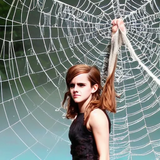 Image similar to upset emma watson hanging from and trapped in a giant spider web