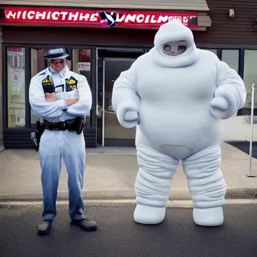 Prompt: the michelin man is standing in front of an applebee's restaurant. he has his hands behind his back in handcuffs. a police officer stands nearby holding a gun. the sun is going down. there is blood on the ground. ultra realistic, highly detailed, photography, vivid