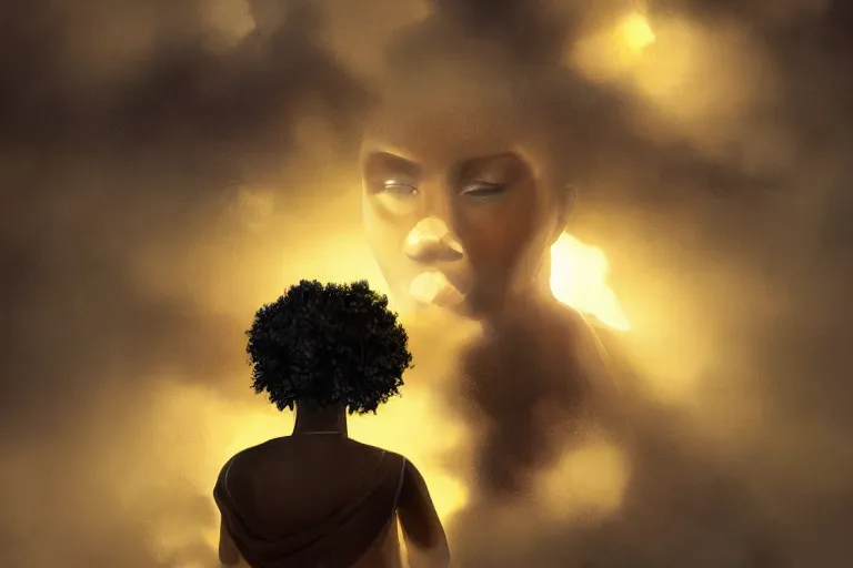 Image similar to a black woman ancestor watching her kids from the sky ( ( ( ( volumetric light ) ) ) ), high angle, part by pearl fryar, part by prince damah, cinematic, poetic, smooth, portrait, trending on artstation, cinematic view, illustration, painting.