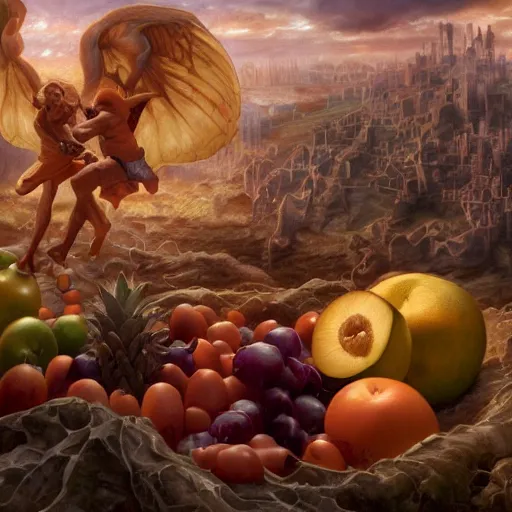 Image similar to photorealistic fruits basket in hell, detailed, centered, digital painting, artstation, concept art, donato giancola, joseph christian leyendecker, wlop, boris vallejo, breathtaking, 8 k resolution, extremely detailed, beautiful, establishing shot, artistic, hyperrealistic, beautiful face, octane render, cinematic lighting, dramatic lighting, masterpiece