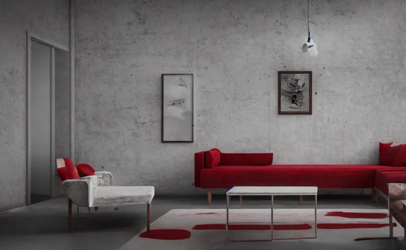 Image similar to a concrete room with a wooden table and a leather sofa and paintings on the wall, high quality, 8 k, architecture, symmetrical, harmonious, black white and red colours, calm, high coherence, natural lighting, path traced, highly detailed, hyperrealistic, concept art, octane render, unreal engine 5, trending on artstation, beautiful, elegant