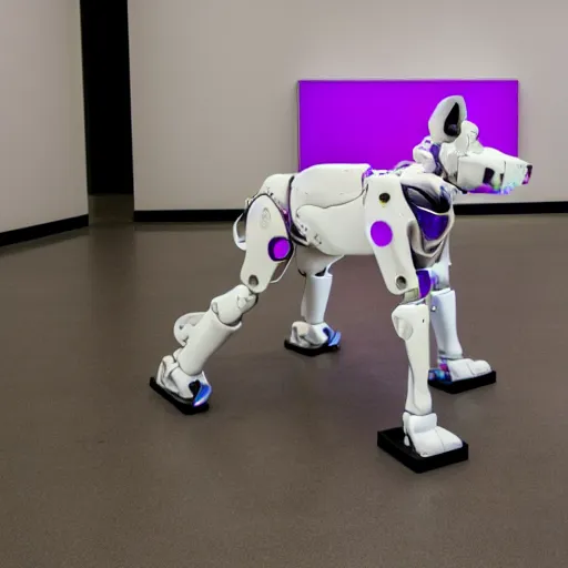 Prompt: a white boston dynamics robot spot with a purple paw in a gallery