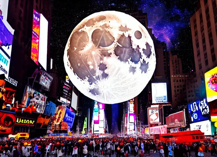 Prompt: film still of the moon shattering into pieces exploding moon over time square in the new disaster, 8 k, night time