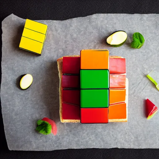 Image similar to sandwich in the shape of a Rubik's cube. Professional food photography