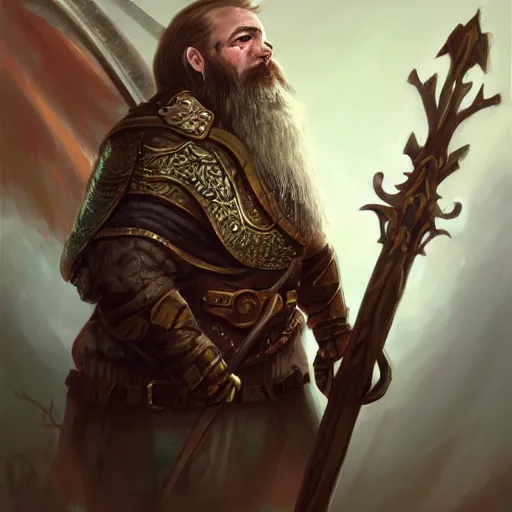 Image similar to High Fantasy whimsical portrait painting of a bearded dwarf holding a battleaxe, waist high, fantasy clothing, cgsociety, trending on artstation, dnd