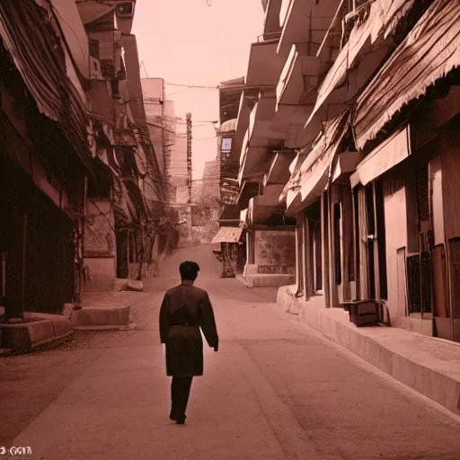 Image similar to 1950s Korean thriller film noir, a view of Shin Sang-ok in the middle of an empty scene, 35mm film, Cooke Varotal 20-100 T3.1