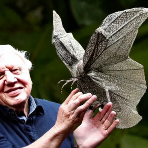 Prompt: Sir David Attenborough holding a small Mothman