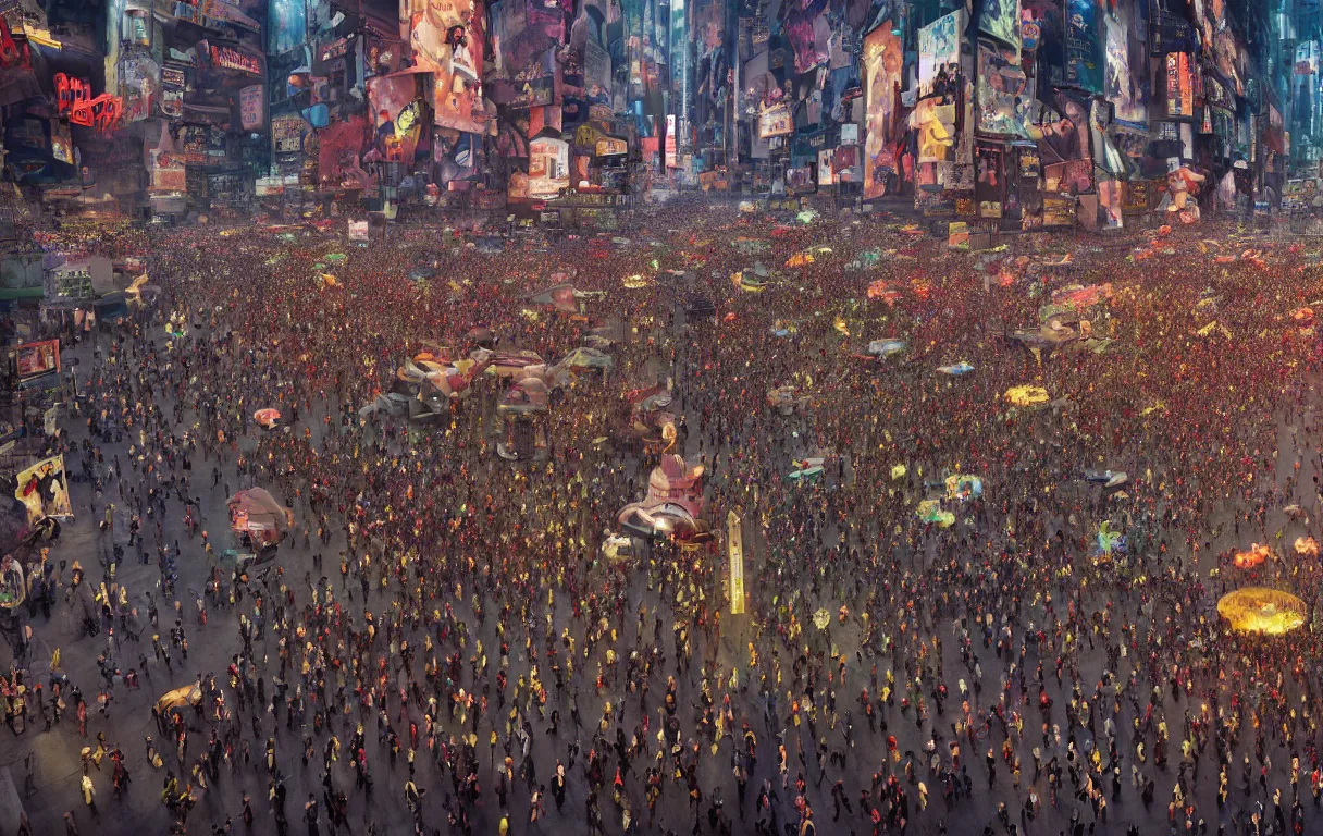 Image similar to photograph a crowd of people connected to a mammoth algorithm machine. new york thanksgiving parade by shaun tan, slim aarons, zhang kechun, national geographic. octane render. in the style of the fifth element, cyberpunk 2 0 4 9.