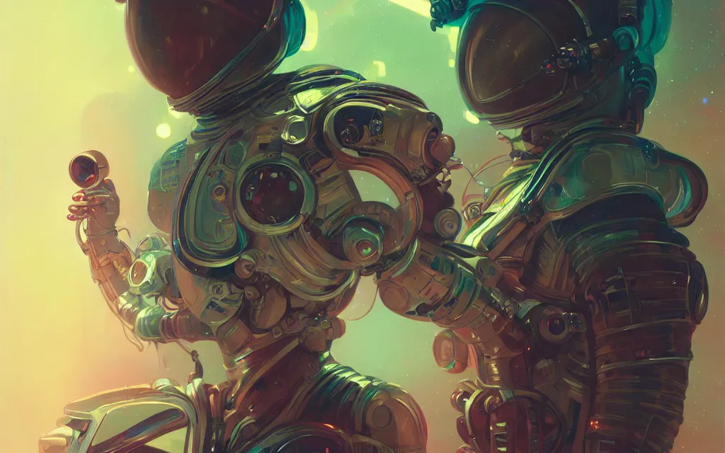 Image similar to portrait armored astronaut girl catched an alien inside spaceship, ssci-fi, neon light and fantasy, intricate and very very beautiful and elegant, highly detailed, digital painting, artstation, concept art, smooth and sharp focus, illustration, art by tian zi and WLOP and alphonse mucha