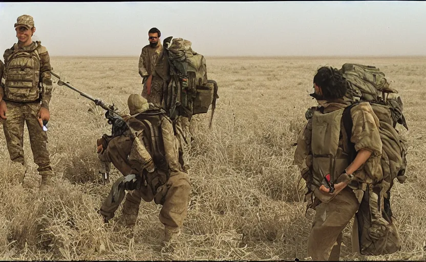 Image similar to Drake serving in a swamp in Afghanistan, film grain