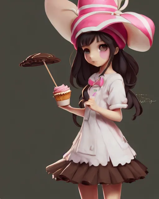 Prompt: a girl as personification of chocolate cupcake, character design, cute hats, unreal engine, highly detailed, digital illustration by artgerm, tooth wu, studio ghibli, sharp focus, artstation. ribbons, dog ears. a fantasy bakery by studio ghibli, makoto shinkai, global illumination, sweets,