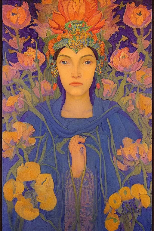 Prompt: queen of flowers, by Nicholas Roerich and Annie Swynnerton and Diego Rivera and jean delville, dramatic cinematic lighting , ornate headdress , flowing robes, sacred artifacts, lost civilizations, smooth, sharp focus, extremely detailed