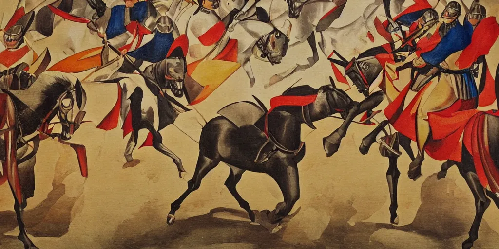 Image similar to italian futurism styled painting of a medieval knight cavalry charge