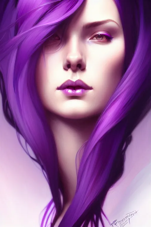 Image similar to Purple hair, creative colouring Portrait of woman, fashion, intricate, elegant, highly detailed, digital painting, artstation, concept art, smooth, sharp focus, illustration, art by artgerm and greg rutkowski and alphonse mucha