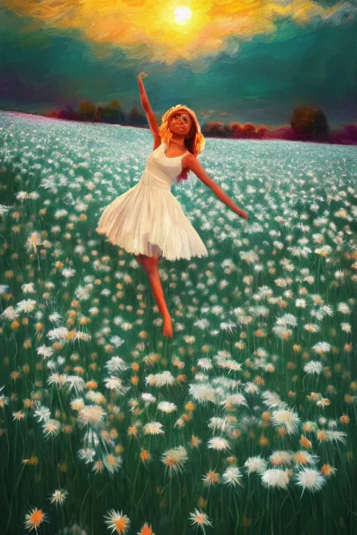 Image similar to veil made of giant white daisy flower, girl dancing in a flower field, surreal photography, sunrise, dramatic light, impressionist painting, colorful clouds, digital painting, artstation, simon stalenhag
