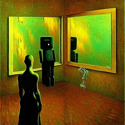 Prompt: The robot recognizes itself in the mirror- contest-winning artwork by Salvador Dali, Beksiński, Van Gogh and Monet. Stunning lighting