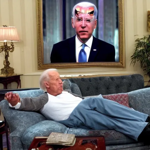 Image similar to Joe Biden fat and out of shape lying on the couch watching tv