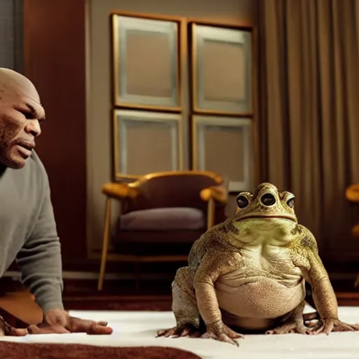 Prompt: a giant toad sitting with mike tyson in a large hotel room, movie directed by martin scorsese and christopher nolan, masterpiece, 8 h