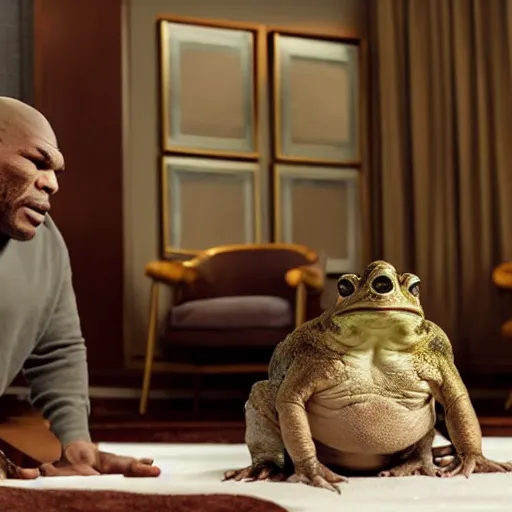 Image similar to a giant toad sitting with mike tyson in a large hotel room, movie directed by martin scorsese and christopher nolan, masterpiece, 8 h