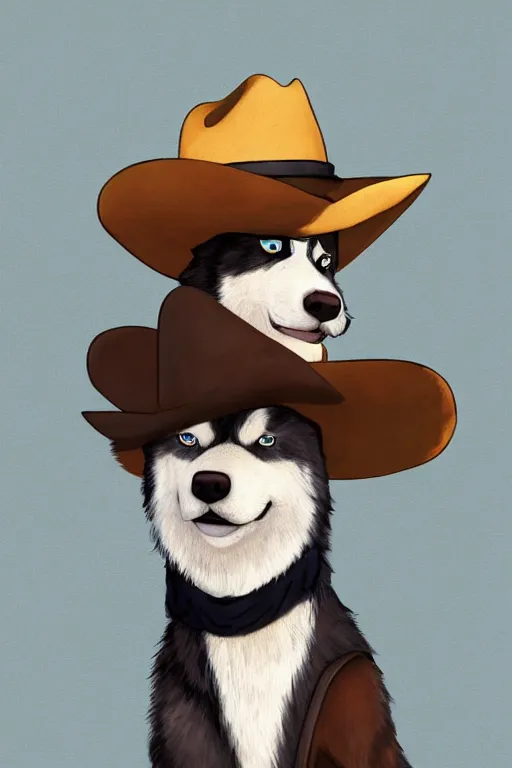 Image similar to a portrait painting of a husky in cowboy costume, wearing a cowboy hat, by studio ghibli, in the style of anime, [ red dead ], [ western film ], humanoid, personify, anthropomorphic, trending on artstation