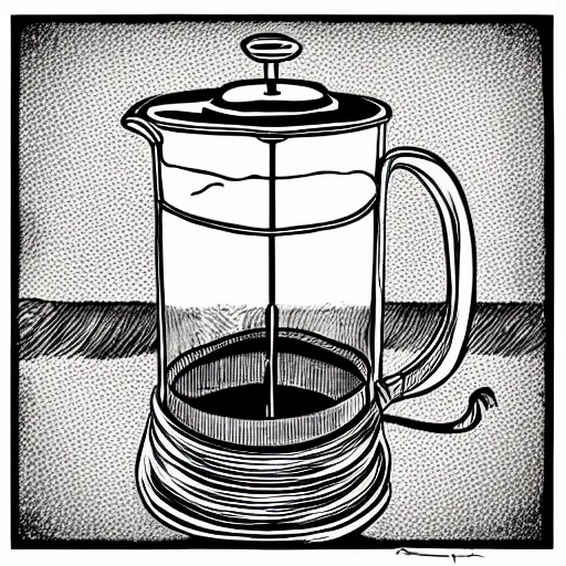 Image similar to french press, coffee, hand drawn, illustration, engraved vector, by alexanderpokusay