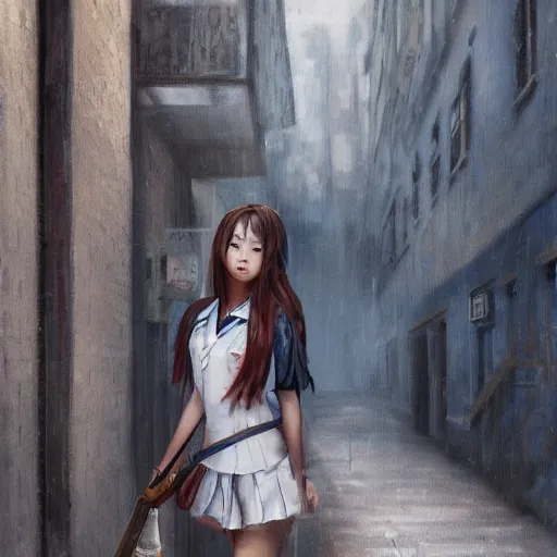 Image similar to a perfect, very detailed, realistic professional oil painting of a Japanese schoolgirl posing in a dystopian alleyway, style of Marvel, full length, by a professional American senior artist on ArtStation, a high-quality hollywood-style concept