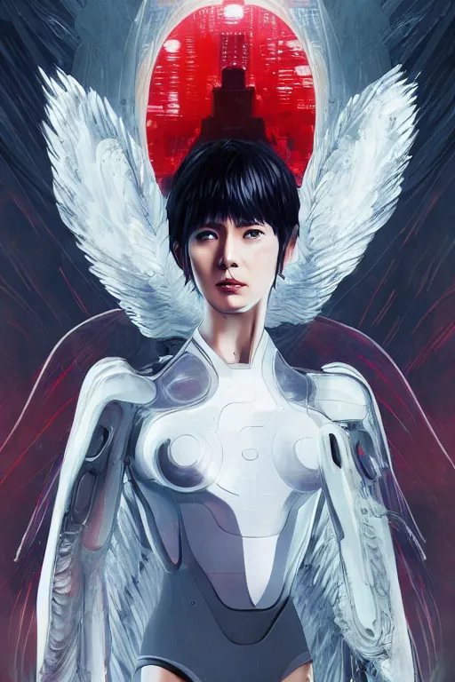 Image similar to white arc-angel with mystic robotic wings, blade runner, akira, ghost in the shell, 2077, ultra detailed, digital art, 8k ,character ,realistic, portrait, hyperrealistic