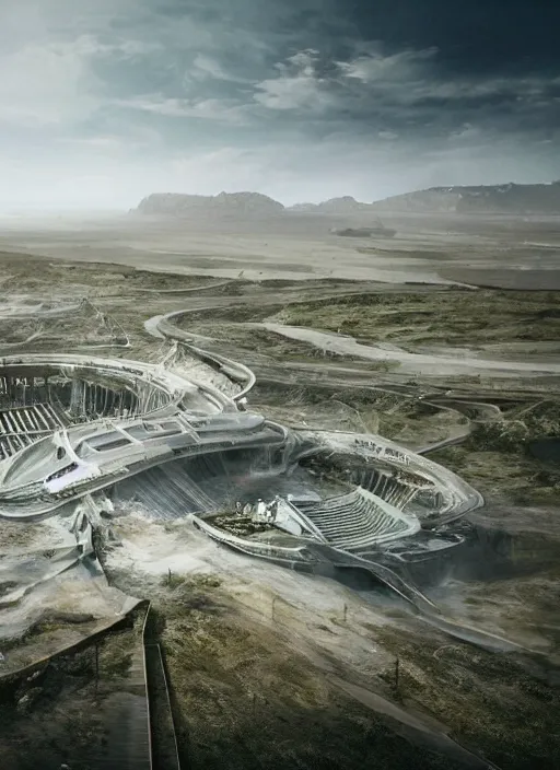 Image similar to techno chuquicamata bioremediation white mining tailing futuristic horizontal architecture, epic, cinematic, hyperealistic, high detailed, corona render, hdr, ray tracing