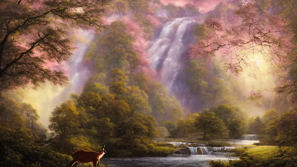 Prompt: the most beautiful panoramic landscape, oil painting, where a giant dreamy waterfall creates a river, the trees around are starting to bloom in pink, purple and yellow colors, a majestic deer is in close - up and it is under a giant tree while it is exhaling steam, the ray lights of the sunrise are brightening him, by greg rutkowski