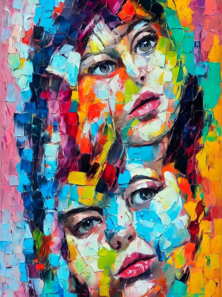 Image similar to highly detailed palette knife oil painting of a woman in the style of Francoise Nielly