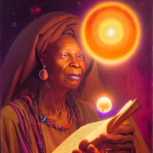 Image similar to an elder african psychic woman reading her crystal ball while holding a book of spells under a meteor shower, greg rutkowski and android jones and amanda sage, oil on canvas, vivid colors 8k