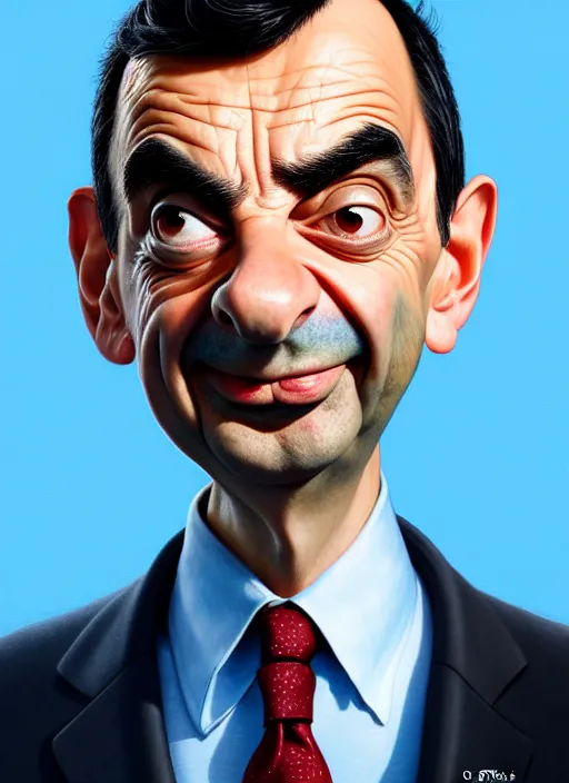 Image similar to highly detailed caricature portrait of mr bean by ross tran, by greg rutkowski, brush strokes, 4 k resolution, light blue pastel background