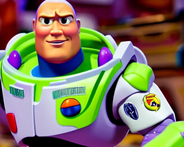 Image similar to Film still close-up shot of Dwayne Johnson as Buzz Lightyear in the movie Toy Story 3. Photographic, photography