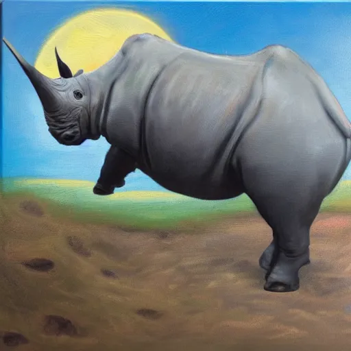 Image similar to oil on canvas of, rhinoceros hatching from an egg in hawaii